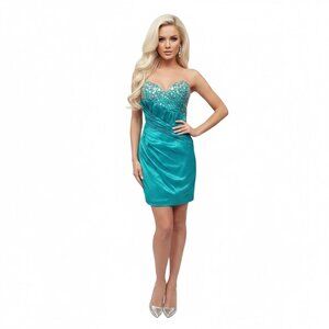Chic Strapless Teal Cocktail Dress with Embellishments